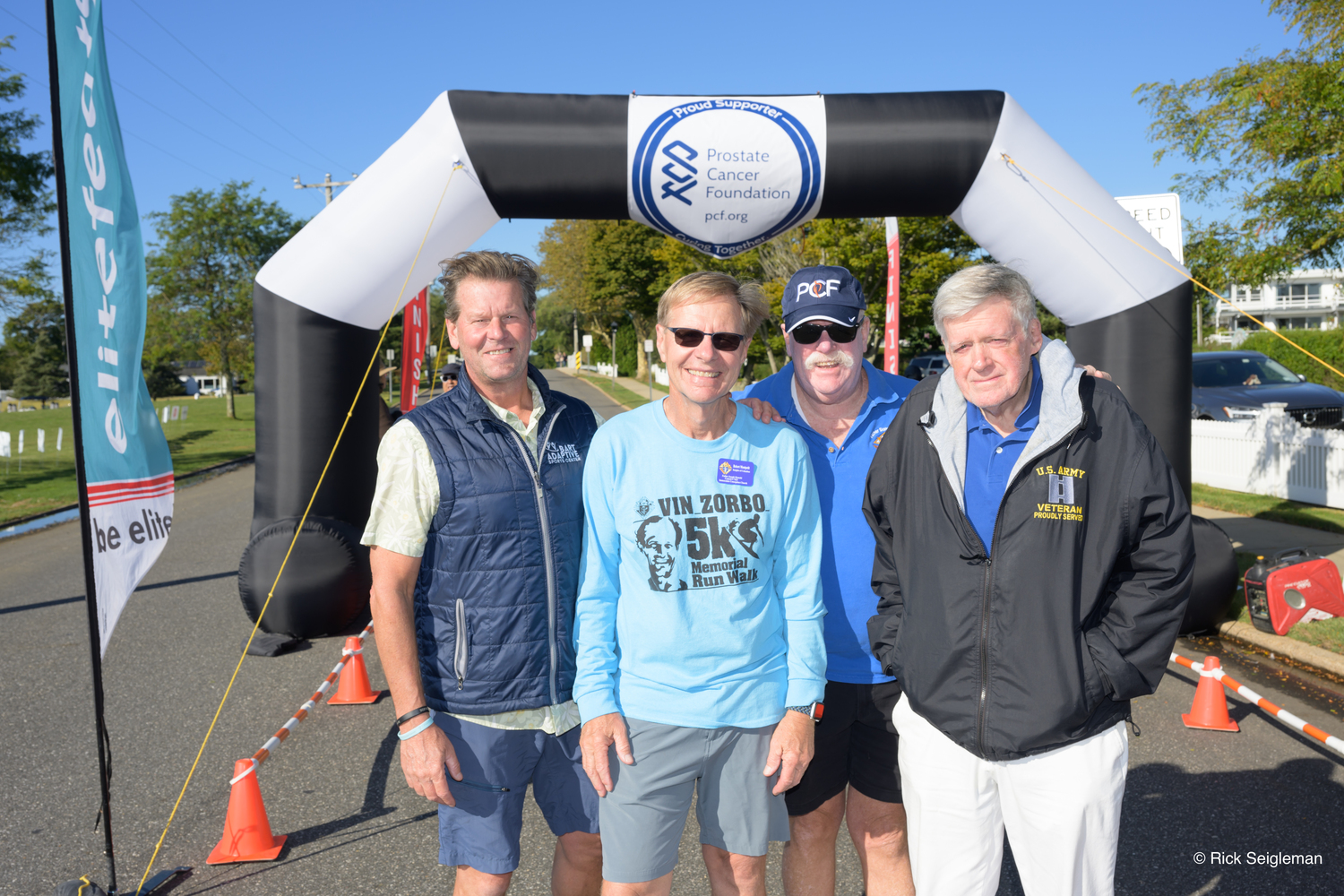 At the annual Knights of Columbus Vin Zorbo Memorial Run, the local chapter's Grand Knight George Motz, right, along with past Grand Knights,, from left, Tom Day,  Bob Montpetit and Barney Ryan gathered before the race, which raises money for local charities, as well as the Prostate Cancer Foundation. COURTESY BARNEY RYAN