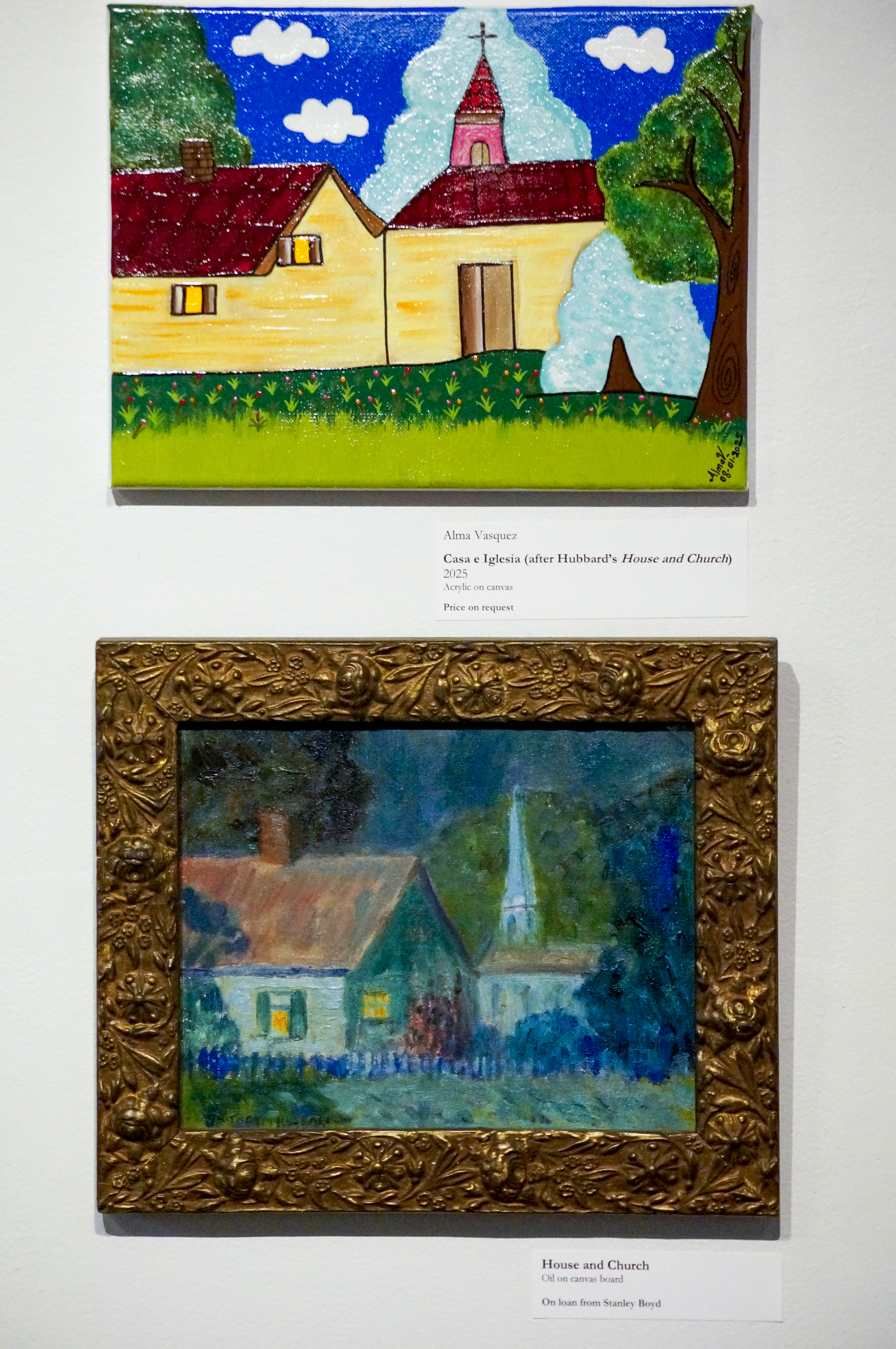 The exhibit features works by Hubbard and works inspired by his art, including this installation with Alma Vasquez's 'Casa e Iglesia' mounted above Hubbard's 'House and Church.' J.D. Allen photo
