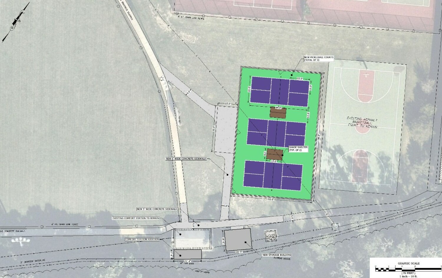 The three proposed pickleball courts would be located near the basketball courts at the Abrahams Path Recreational Facility. COURTESY EAST HAMPTON TOWN