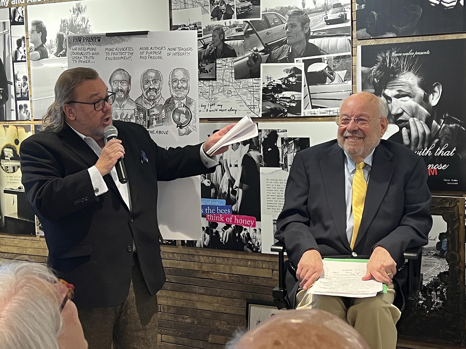 Express News Group Executive Editor Joe Shaw speaks at the the event honoring long-time East End journalist and professor Karl Grossman at the Sag Harbor Cinema on Saturday afternoon.  DANA SHAW