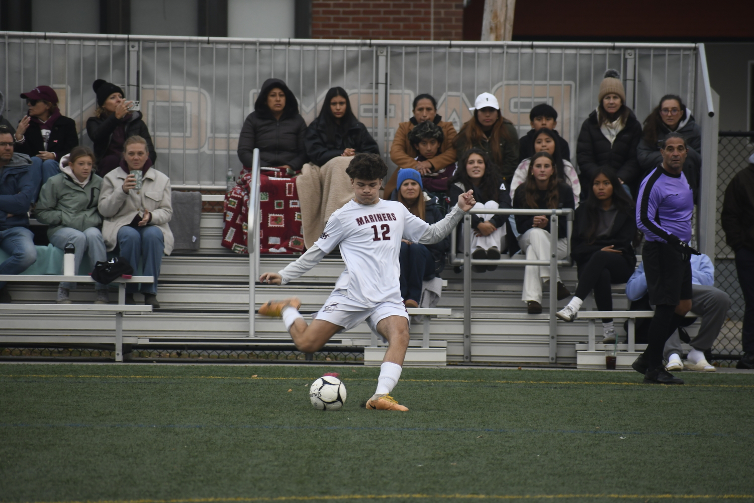 Southampton senior Thomas Crawford sends a free kick.  DREW BUDD