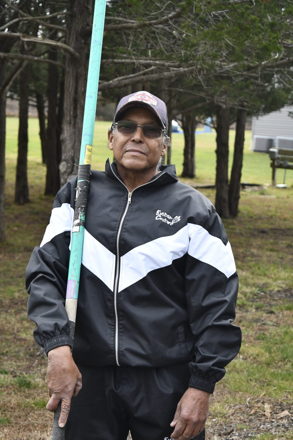Gerrod Smith, a member of Shinnecock Indian Nation, is still pole vaulting at 70 at various events throughout the country and now internationally as well. Here he is at his workout area on Shinnecock Territory wearing Evitan Couture clothes designed and produced by his son Weyhan Smith.  DREW BUDD
