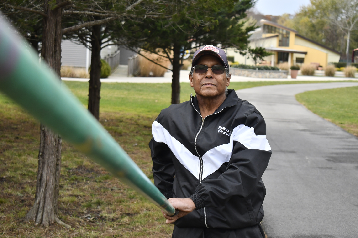 Gerrod Smith, a member of Shinnecock Indian Nation, is still pole vaulting at 70 at various events throughout the country and now internationally as well. Here he is at his workout area on Shinnecock Territory wearing Evitan Couture clothes designed and produced by his son Weyhan Smith.  DREW BUDD