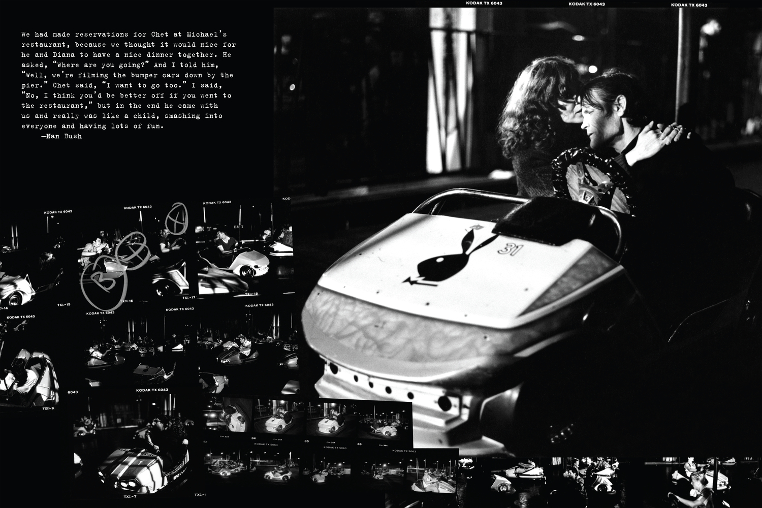 A spread from Bruce Weber's film journal book featuring his photos of jazz trumpeter Chet Baker with his wife Diana on a bumper car ride in California. COURTESY THE ARTIST