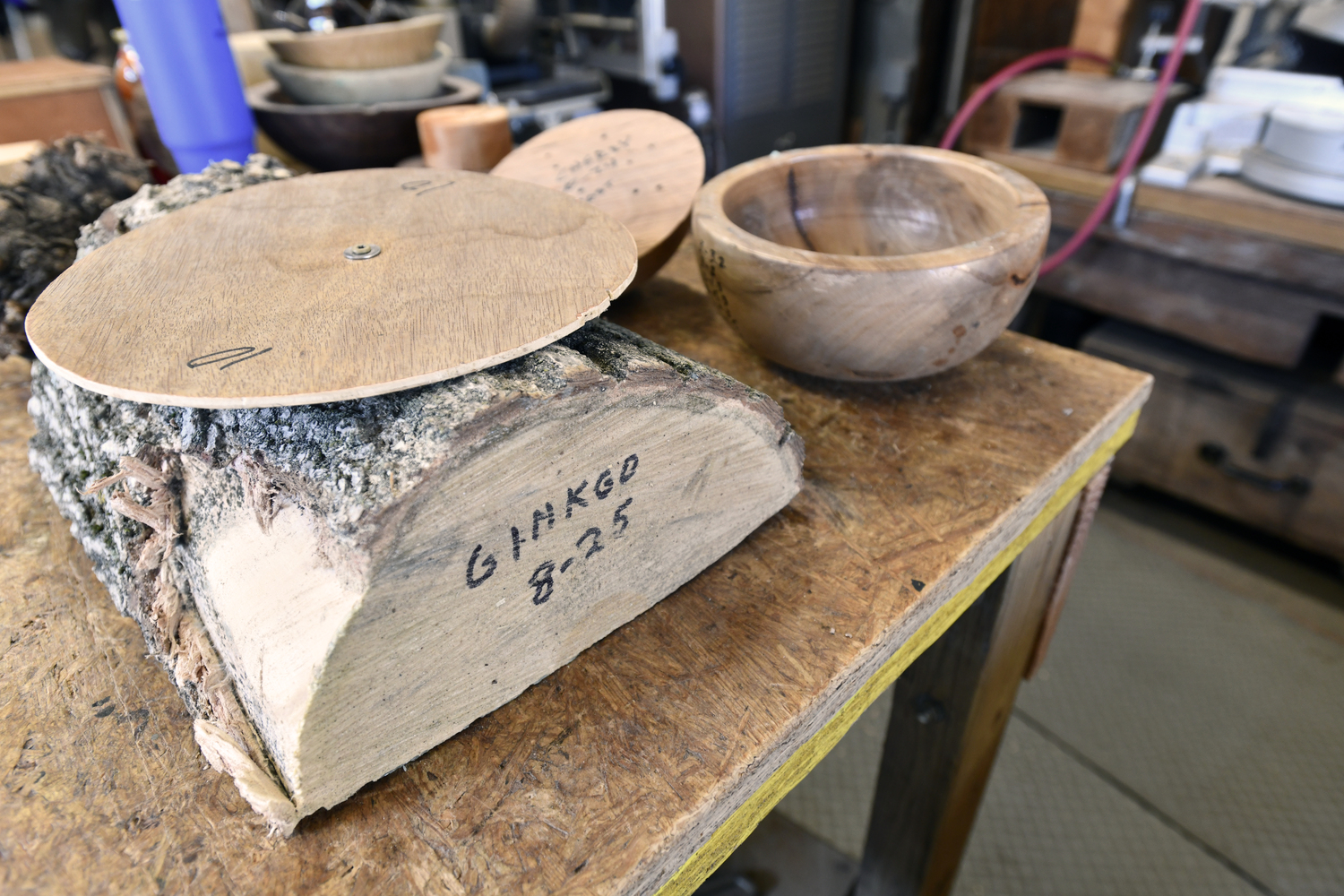 Inside John Halsey's woodworking shop in Water Mill. Halsey has found a second act as a wood-turner in retirement, making beautiful hand-crafted bowls, pens and other one-of-a-kind decorative items. DANA SHAW
