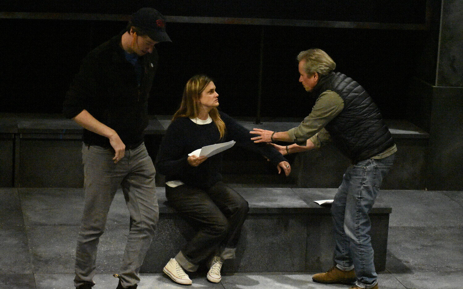 Actors John Kroft and Daniela Mastropietro with director Stephen Hamilton during rehearsals of 