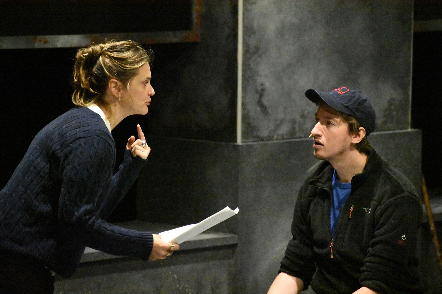 Daniela Mastropietro (as Mildred) and John Kroft (as Montag) rehearsing 