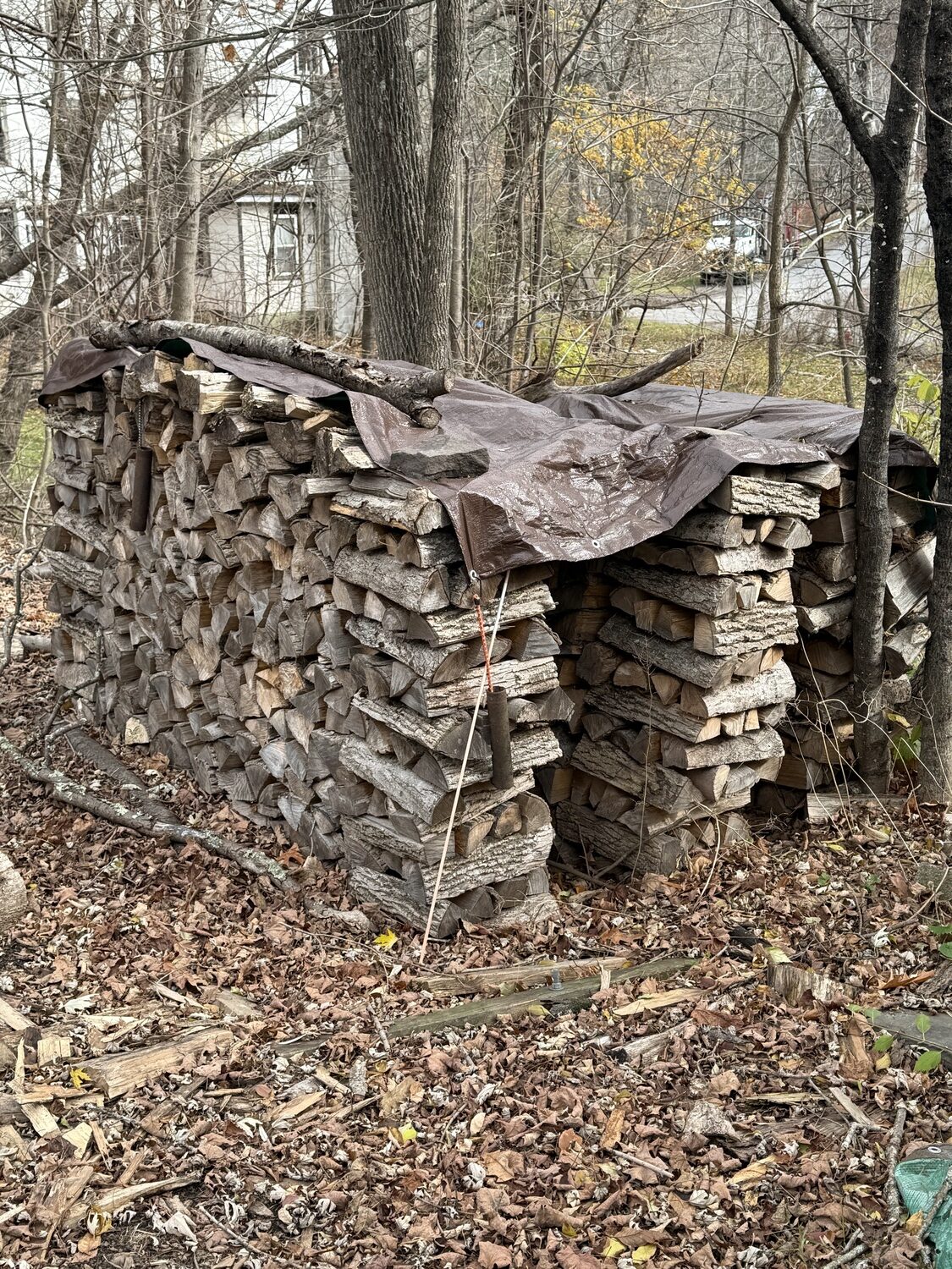 Each of these stacks has dried for about two years. With each stack being 8 feet long, the three stacks equal about 1.5 cords of mixed hardwoods. Firewood should always be stacked away from structures and covered until used. ANDREW MESSINGER