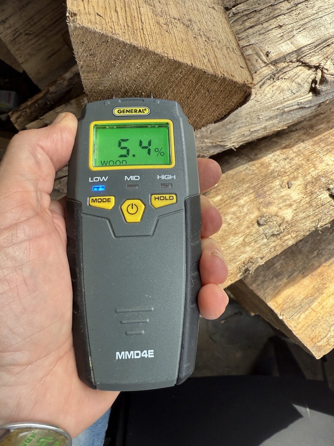 A moisture meter will run under $40 and is essential for knowing how much moisture is in the wood. Freshly cut wood is usually around 50 percent and properly dried wood should be under 20 percent. This piece shows 5.4-percent moisture content, which means it will burn well since it’s been dried for two years. ANDREW MESSINGER