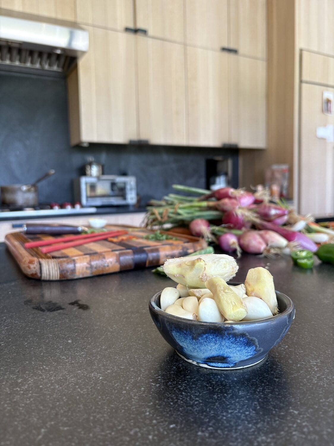 Preparing ingredients for a batch of kimchi.