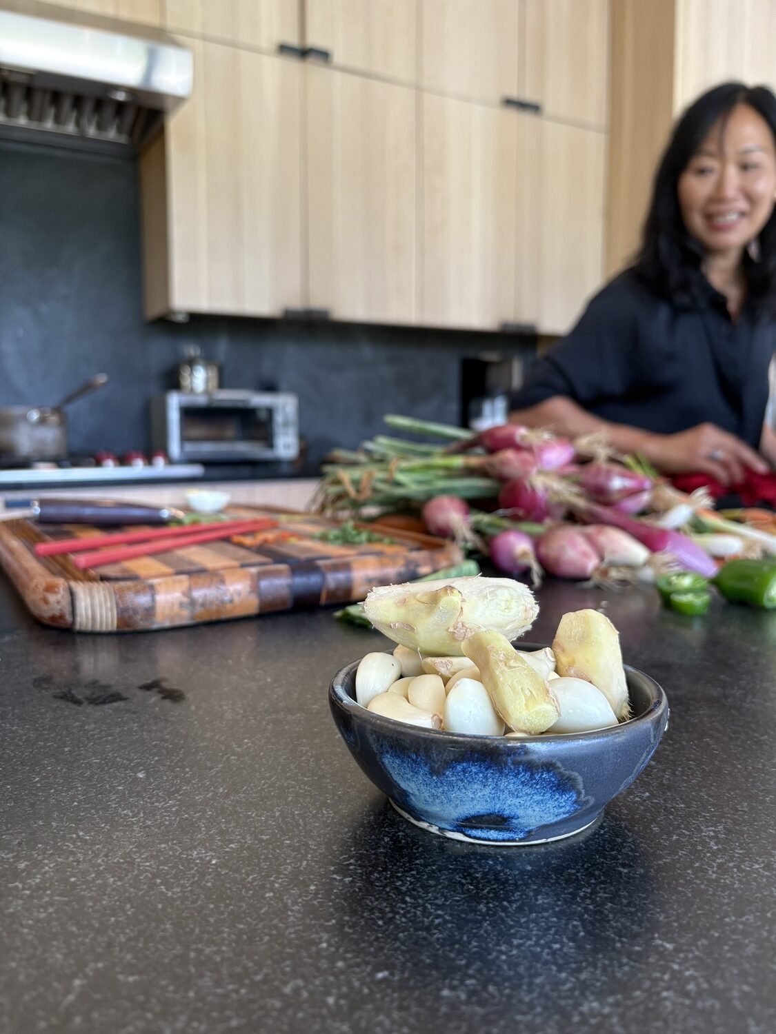 Preparing ingredients for a batch of kimchi.