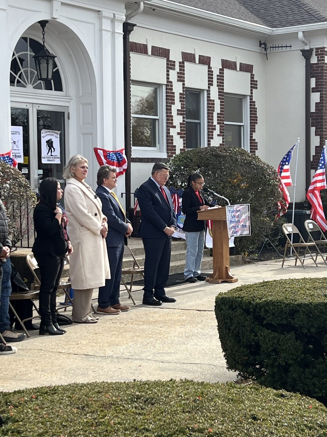 On Friday November 7, Tuckahoe Common School District hosted its annual Field of Flags ceremony in honor of Veterans Day. The students sang patriotic songs and the band played. The ceremony, and it was attended by Ed Romaine, Tommy John Schiavoni, and Ann Welker.     MEGAN RUSSELL