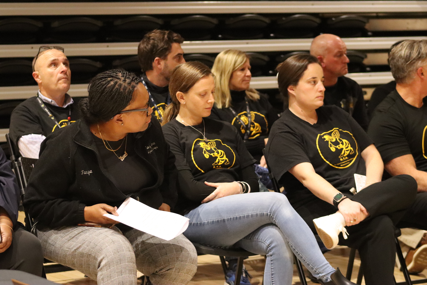 Members of the Bridgehampton Teachers Association showed up en masse at the Bridgehampton School Board Meeting on Wednesday night. They have been working without a contract since July 1. CAILIN RILEY
