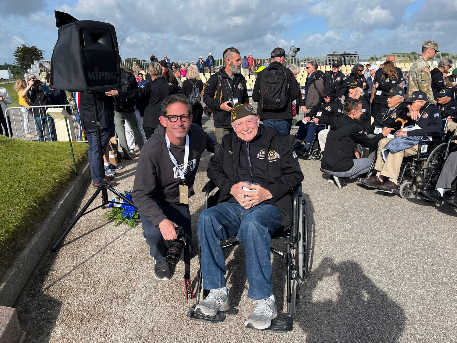 USA Warrior Stories co-creator Nick Kraus with World War II veteran Martin Sylvester in Normandy, France, on the 80th anniversary of D-Day.