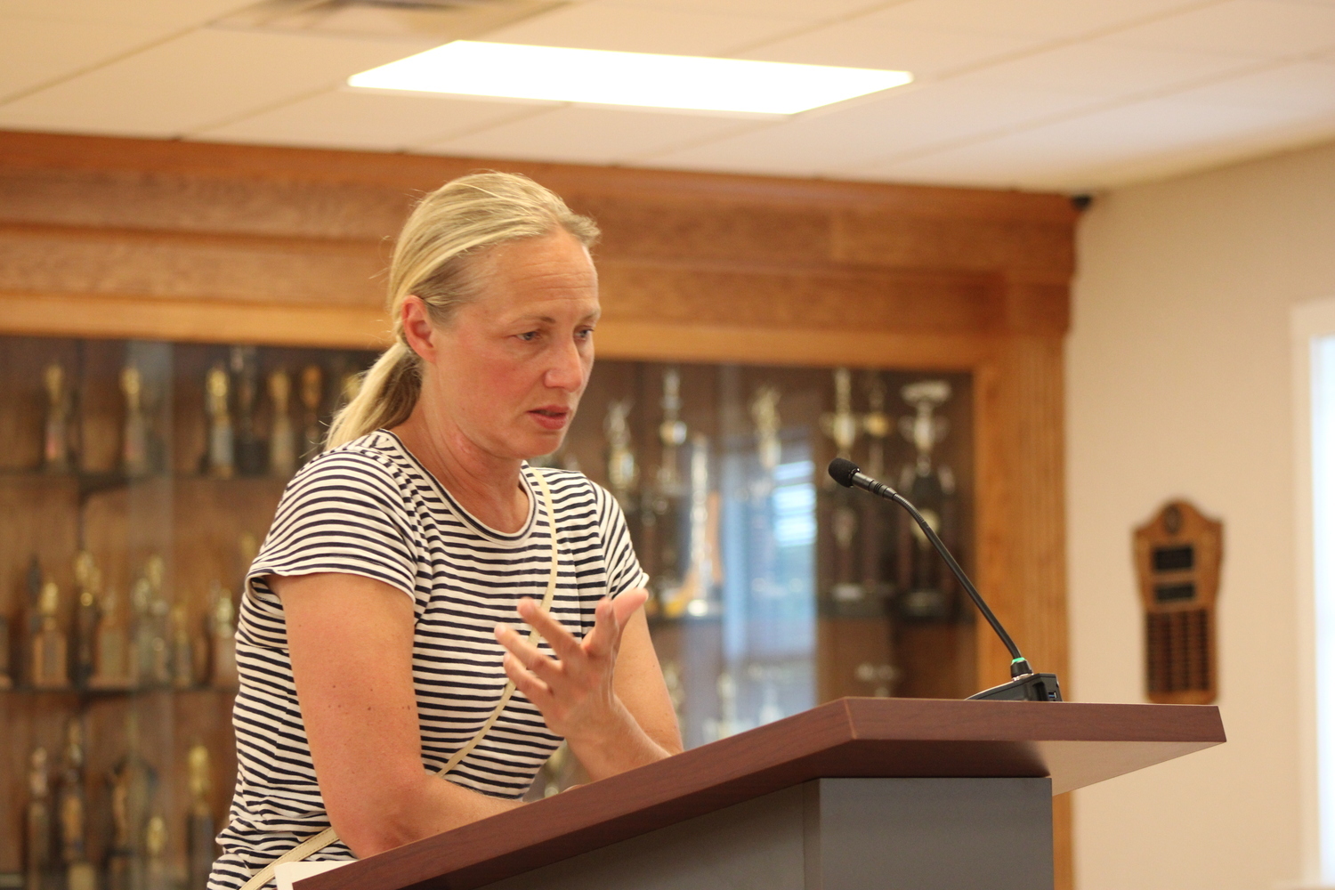 East Hampton Town Democratic Committee Chair Anna Skrenta speaks at a Village Board meeting in July. JACK MOTZ