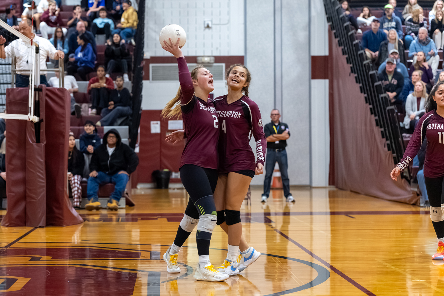 Southampton senior co-captain Haven Daley and Zoey Sulph celebrate a point.  RON ESPOSITO/SOUTHAMPTON SCHOOL DISTRICT