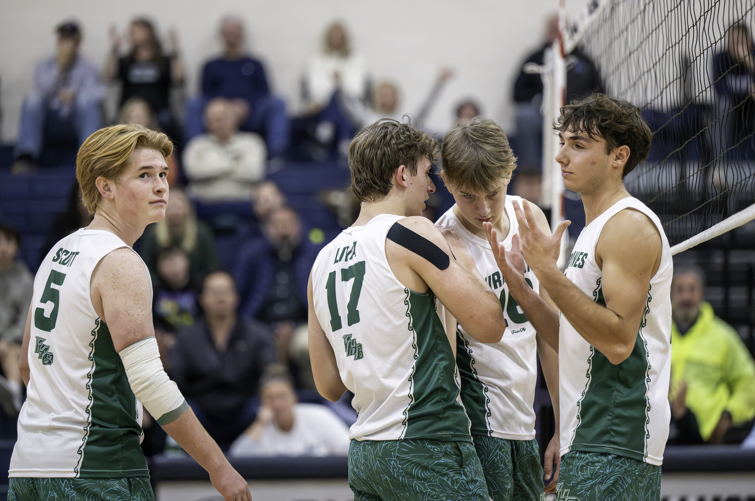 Westhampton Beach's boys volleyball team after a call didn't go their way. MARIANNE BARNETT