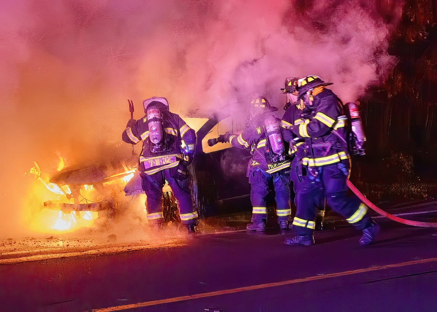 The Westhampton Beach Fire Department was paged out for a car fire just north of the railroad tracks on Old Riverhead Road at 9:20 p.m. on Wednesday, November 12.   COURTESY WESTHAMPTON BEACH FIRE DEPARTMENT