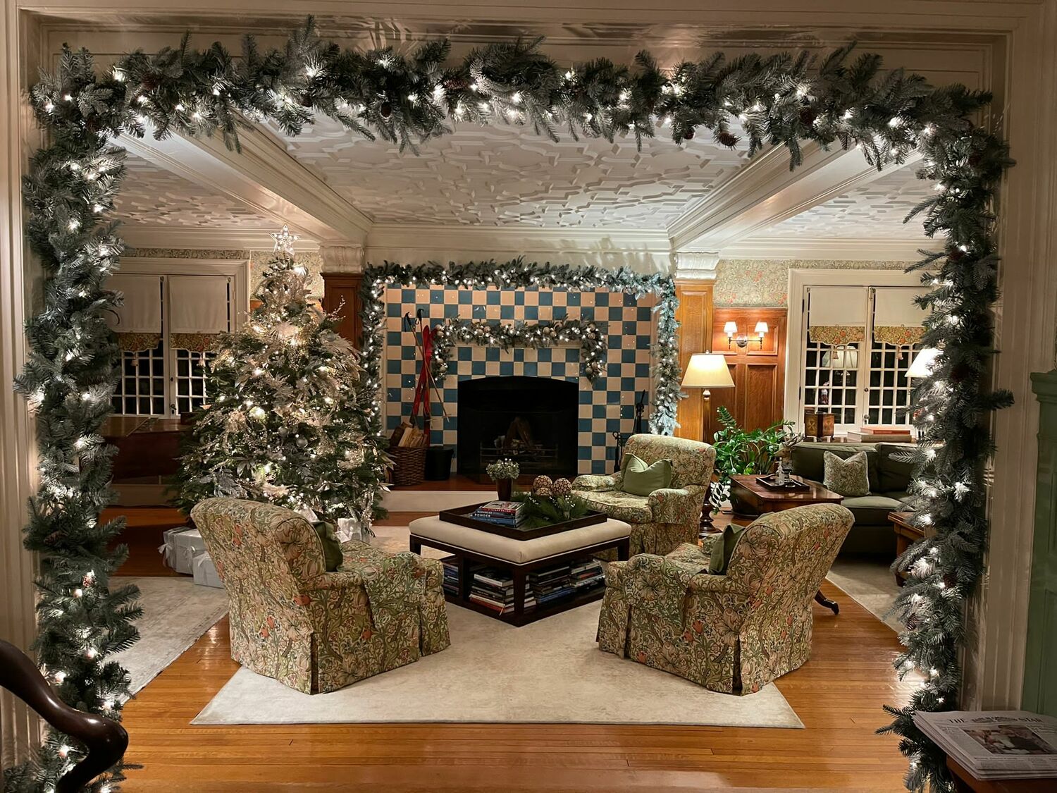 The interior of the Baker House 1650, dressed up for the holidays.