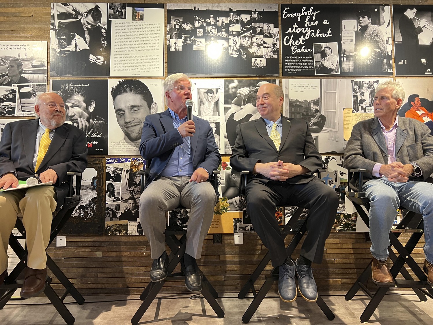 Guests at the event honoring long-time East End journalist and professor Karl Grossman, far left, on Saturday at the Sag Harbor Cinema included for New York State Assemblyman Fred W. Thiele J., Frank Melli of EnviroVideo and Kevin McAllister of Defend H20.   DANA SHAW