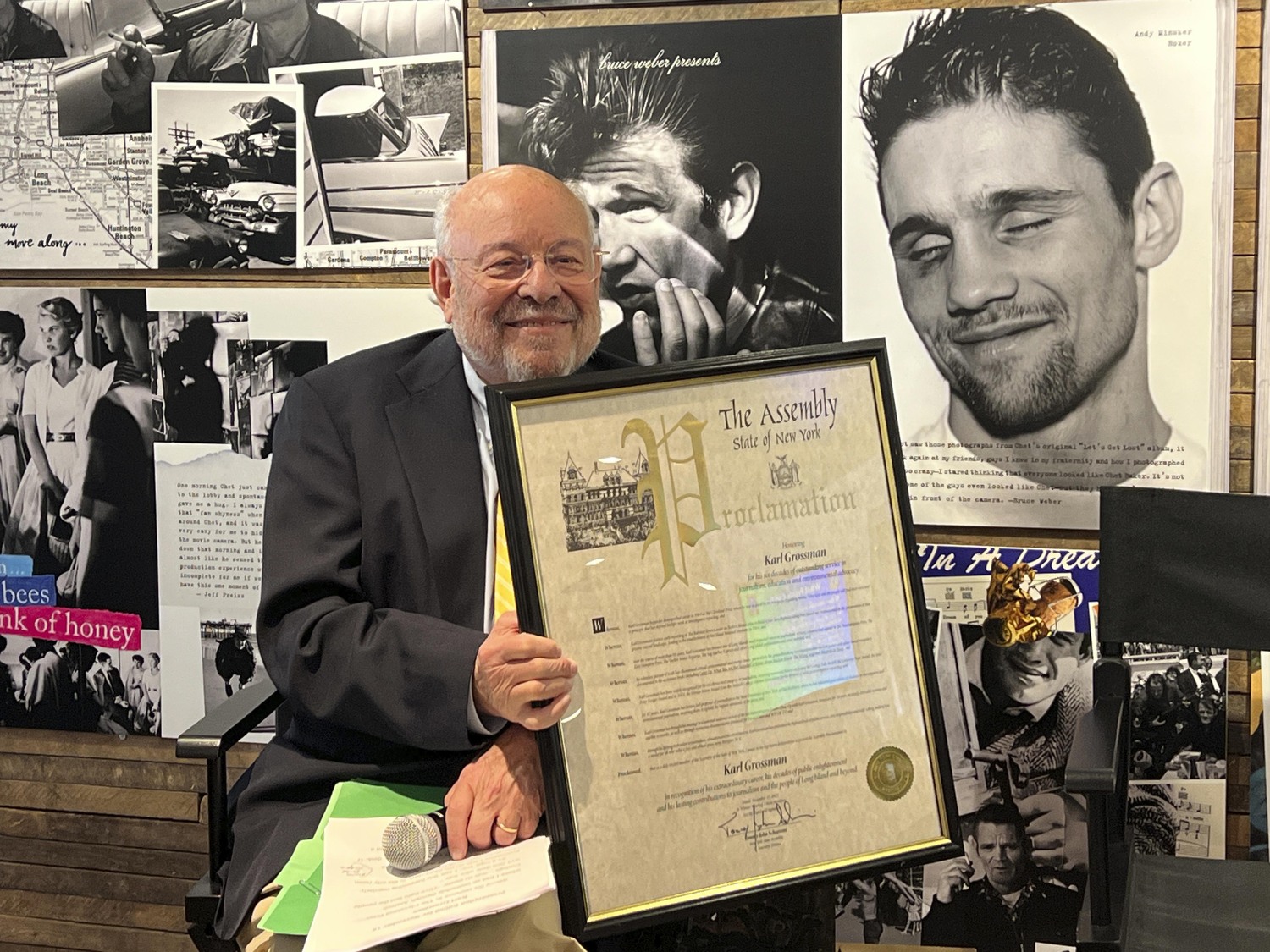 An event honoring long-time East End journalist and professor Karl Grossman was held on Saturday at the Sag Harbor Cinema. Mr. Grossman received a proclamation from the New York State Assembly.