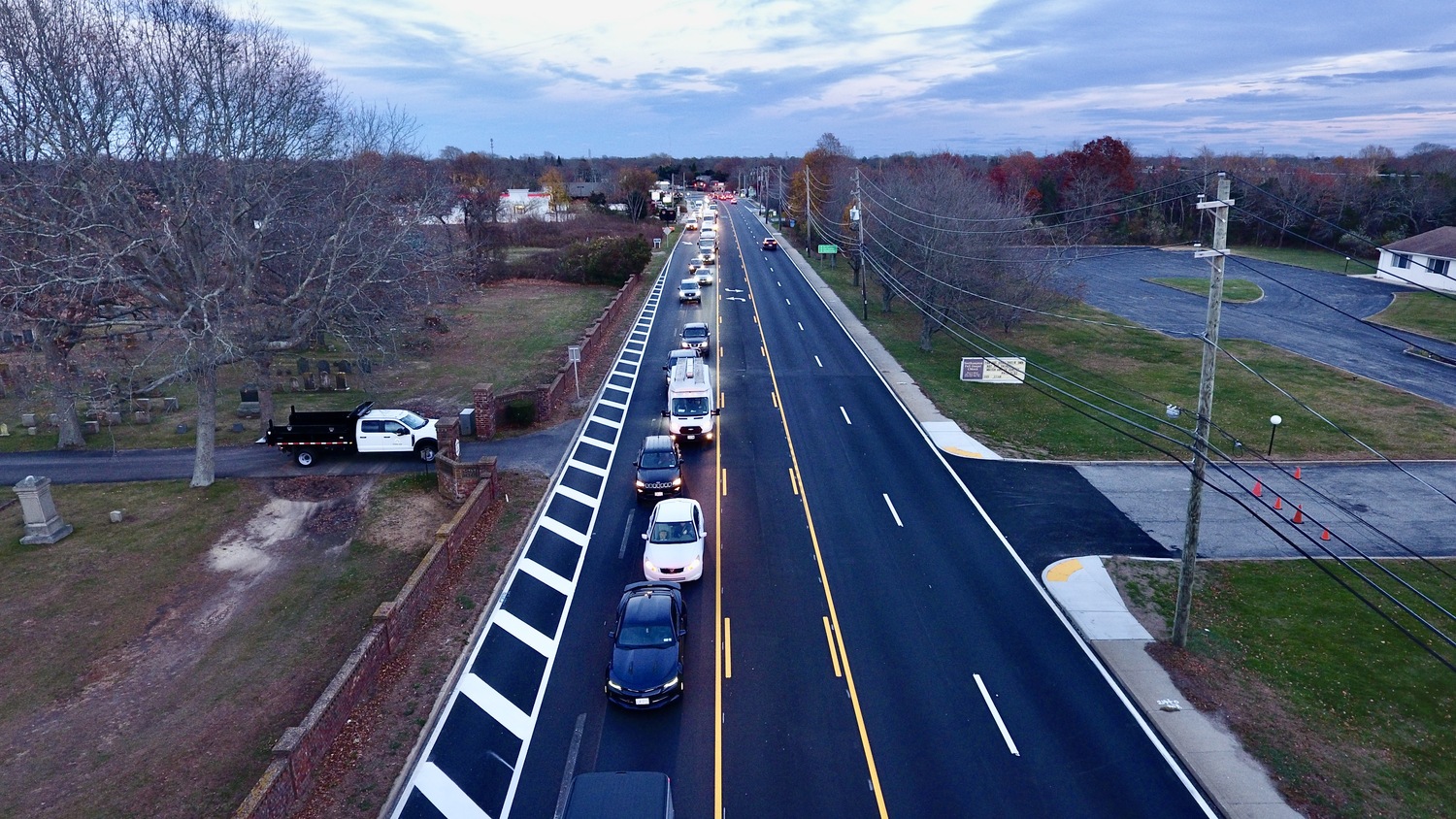 New traffic patterns on County Road 39 force cars to merge to one lane west of North Sea Road so that cars from Sandy Hollow Road can enter the roadway without a third red cycle to the traffic signal.