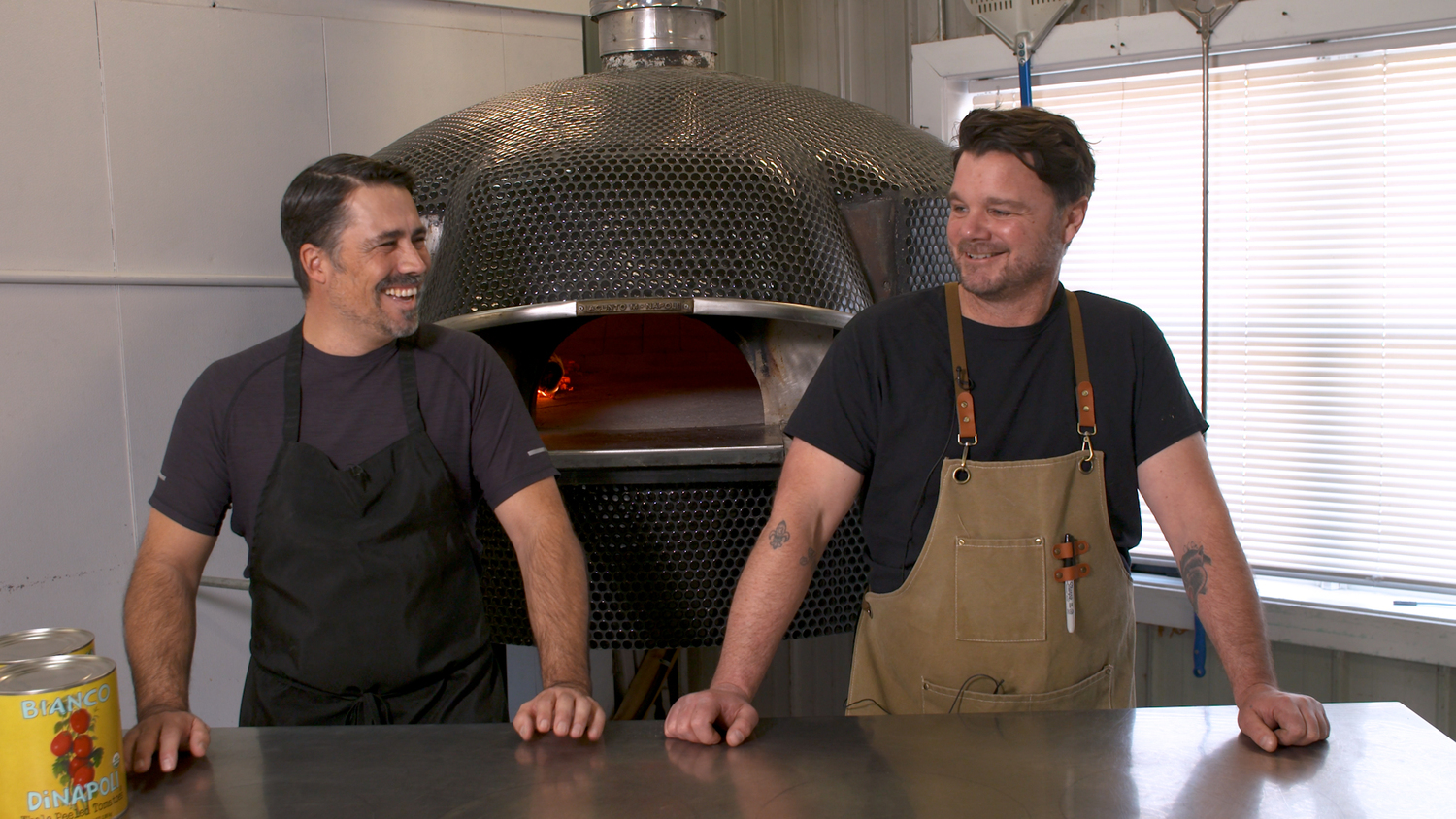 Zach VanDerBeek and Terry McGuire in the Cutchogue home of T&Z Pizza Co. Gerry Sievers of Big Head Films photo