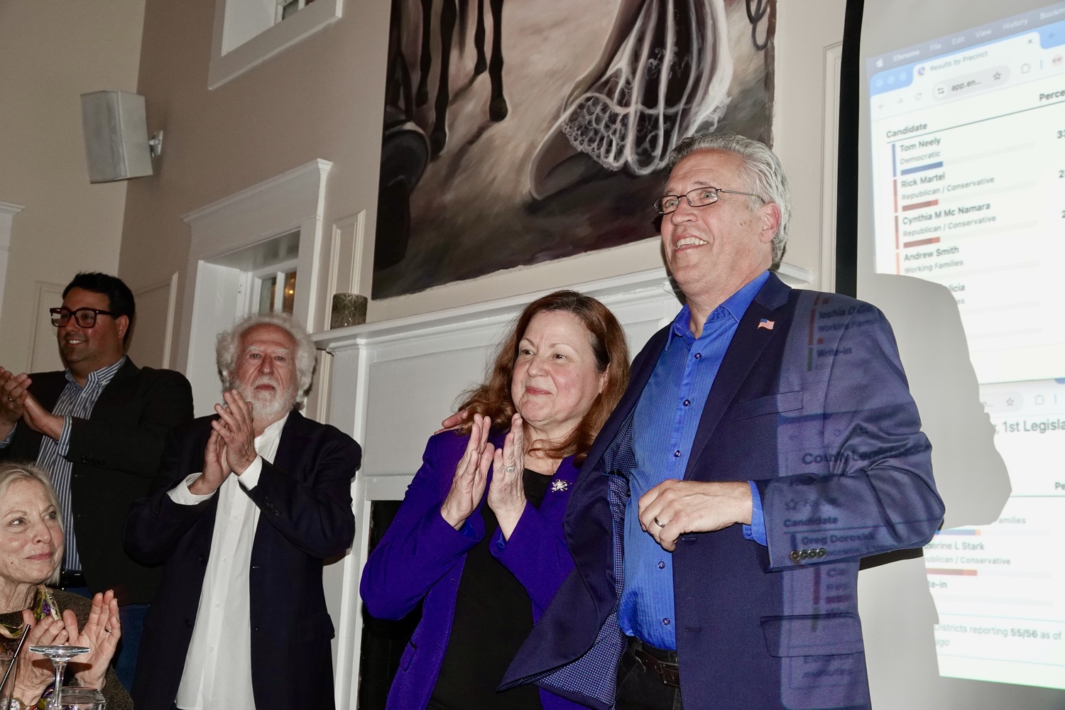 Tom Neely, with his wife Cynthia at the Democratic Party's poll watching party in Southampton on Tuesday, won a seat on the Southampton Town Board. MICHAEL WRIGHT