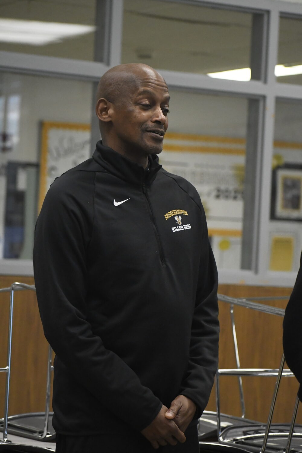 Bridgehampton head coach Carl Johnson speaks during the first-ever Suffolk Boys and Girls Basketball Coaches Association Media Day that was held at Sachem North High School on November 22.  DREW BUDD