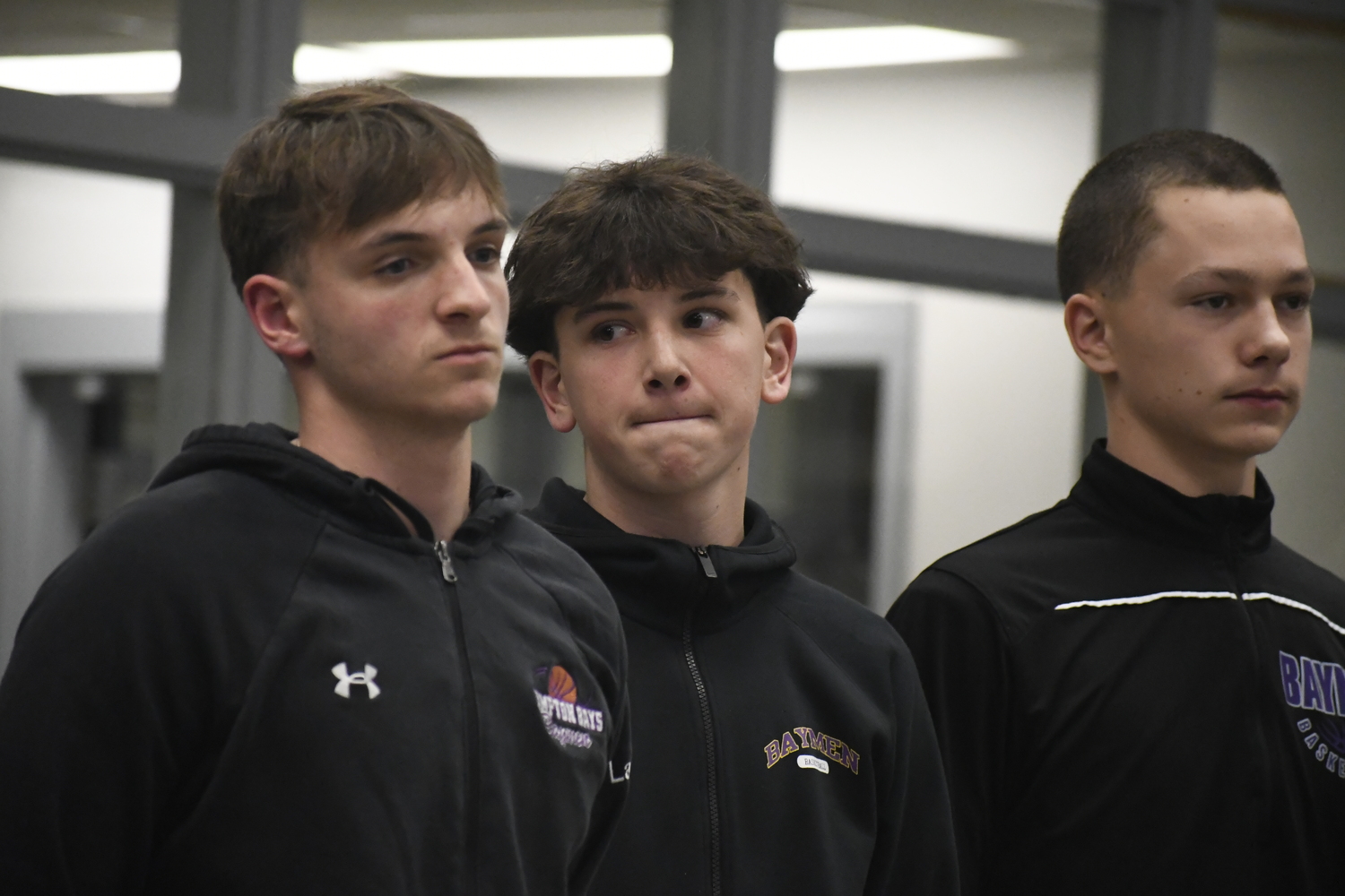 Baymen Julius Lattanzio, left, Nate Carney and John Tedesco at the inaugural Suffolk Boys and Girls Basketball Coaches Association Media Day that was held at Sachem North High School on November 22.   DREW BUDD