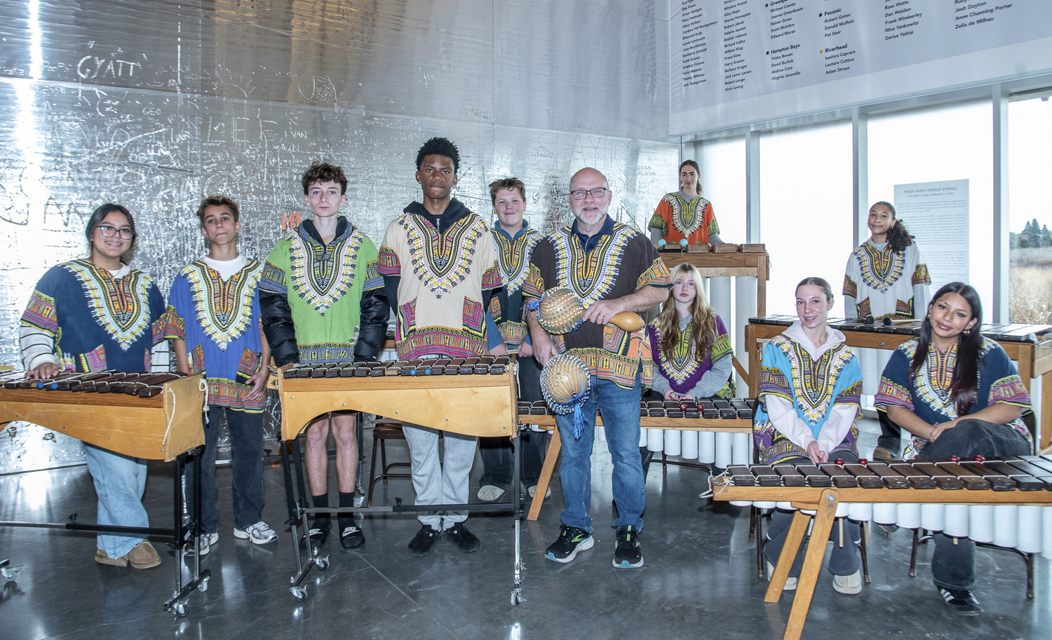 David K. Elliott and the Tewa Marimba Ensemble at the Parrish Art Museum's Winter Welcome Day and Holiday Market on Saturday. LISA TAMBRURINI