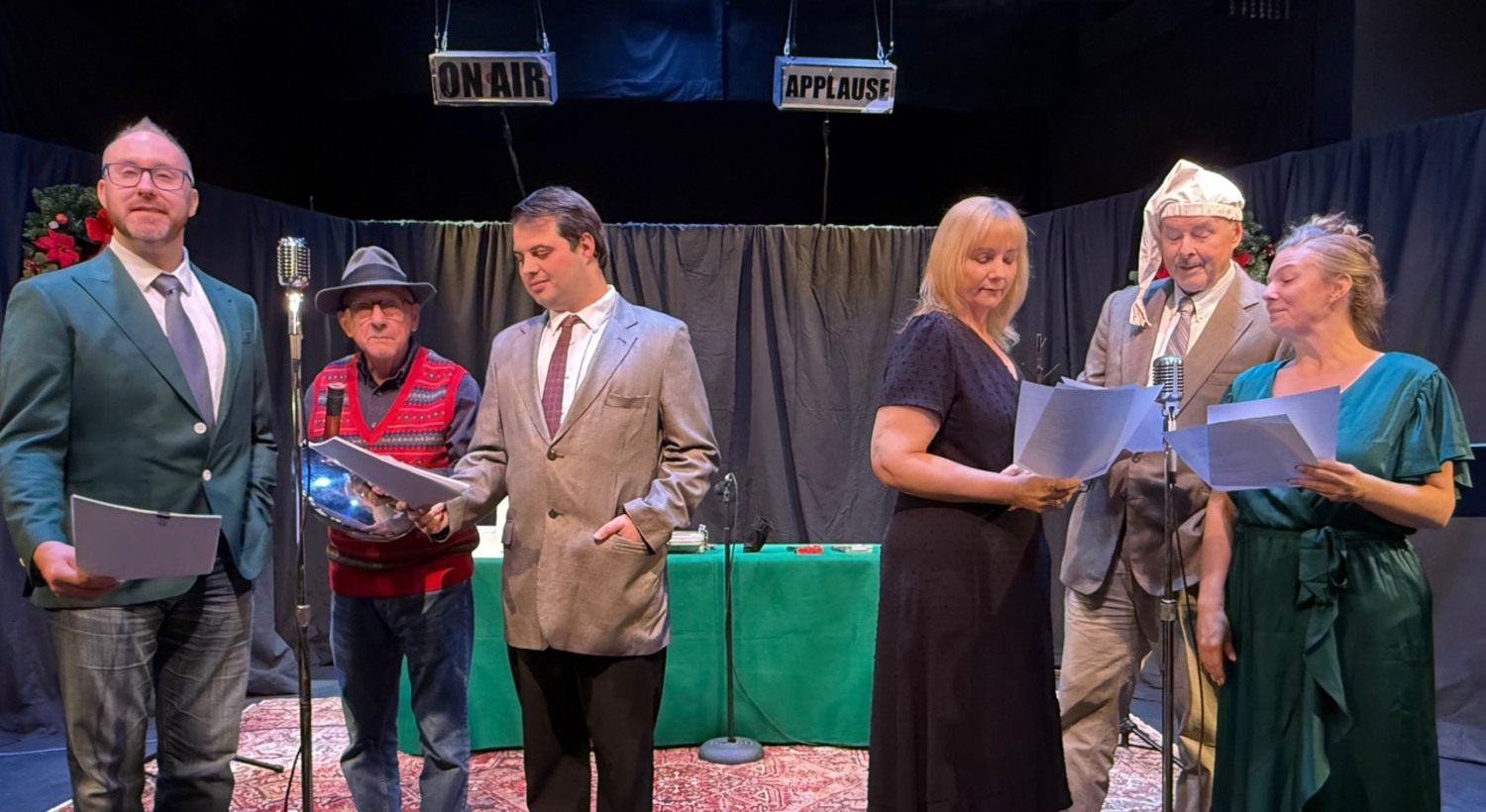 Scott Butler, George A. Loizides, Nicholas Auletti, Stephanie Moreau, Andrew Botsford and Lindsey Sanchez in  “A Christmas Carol: A Live Radio Play,” which will be performed by the Hampton Theatre Company at the Quogue Community Hall this weekend. Kelly Weresnick photo