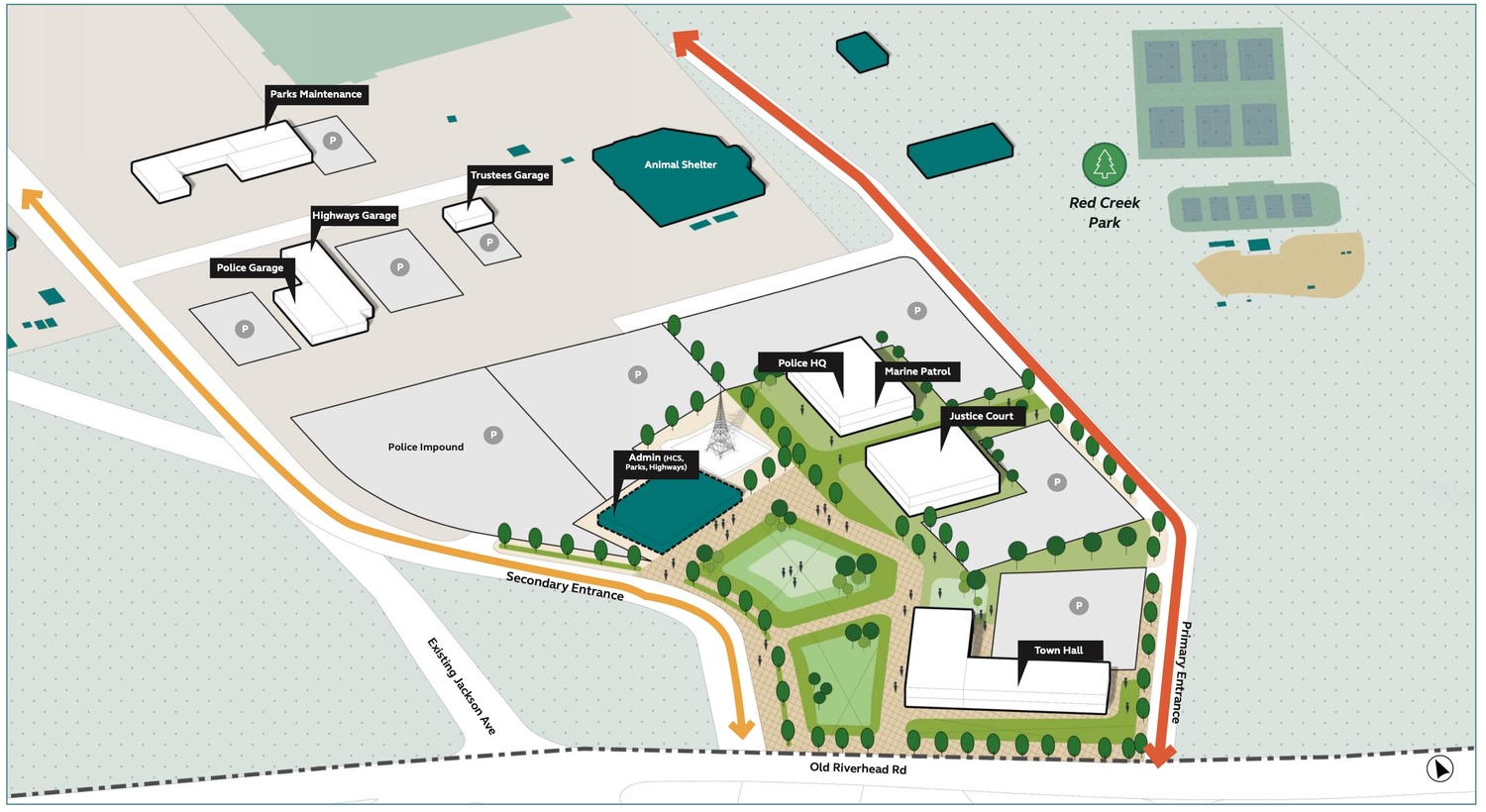 The proposed layout options for the new town administrative campus in Hampton Bays would be accessed from Old Riverhead Road instead of Jackson Avenue, like it is now. ARCADIS DESIGN