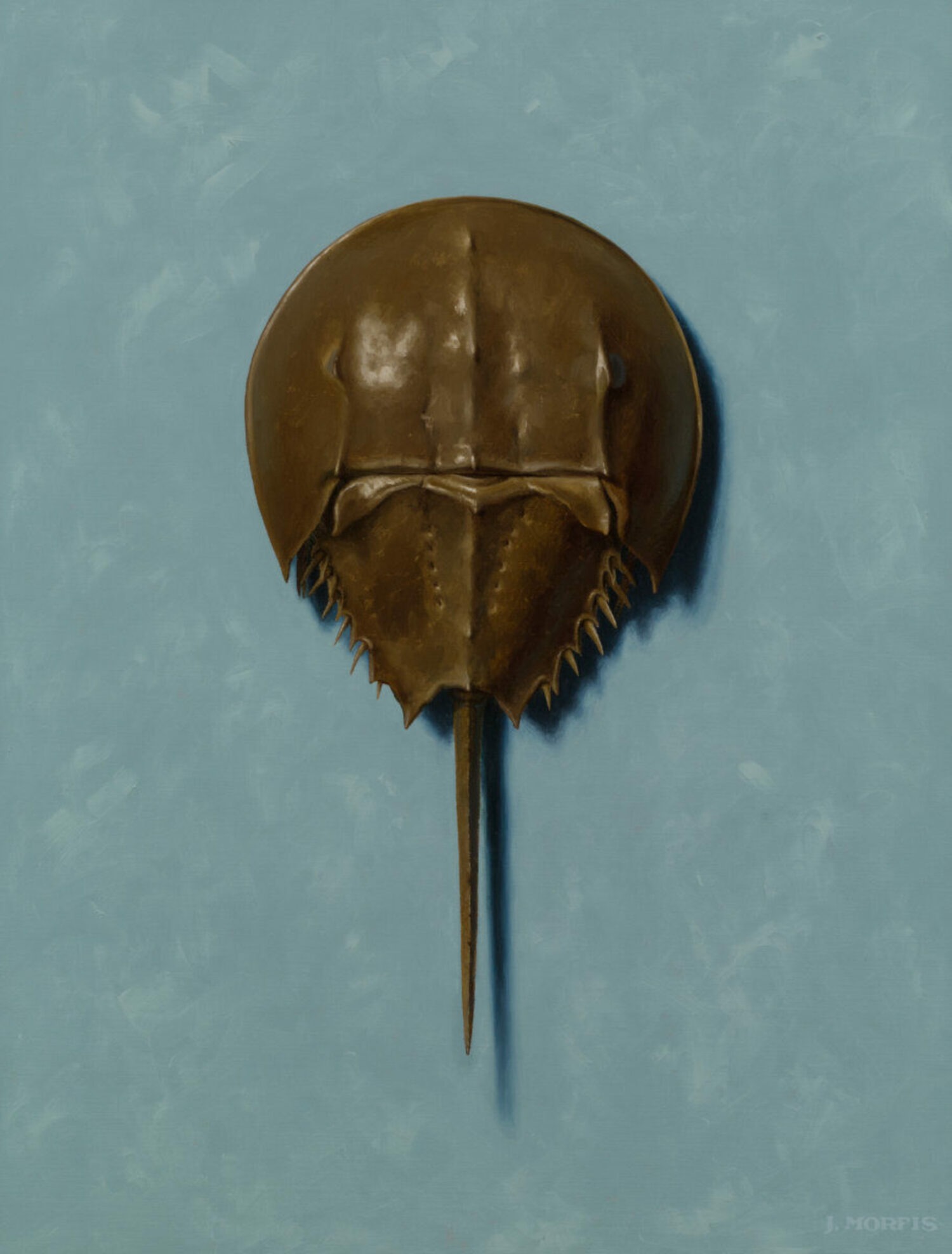 John Morfis, “Horseshoe Crab on Light Blue,” is on view at the Grenning Gallery in Sag Harbor as a part of its annual “Gems of the Grenning Gallery” holiday exhibition.