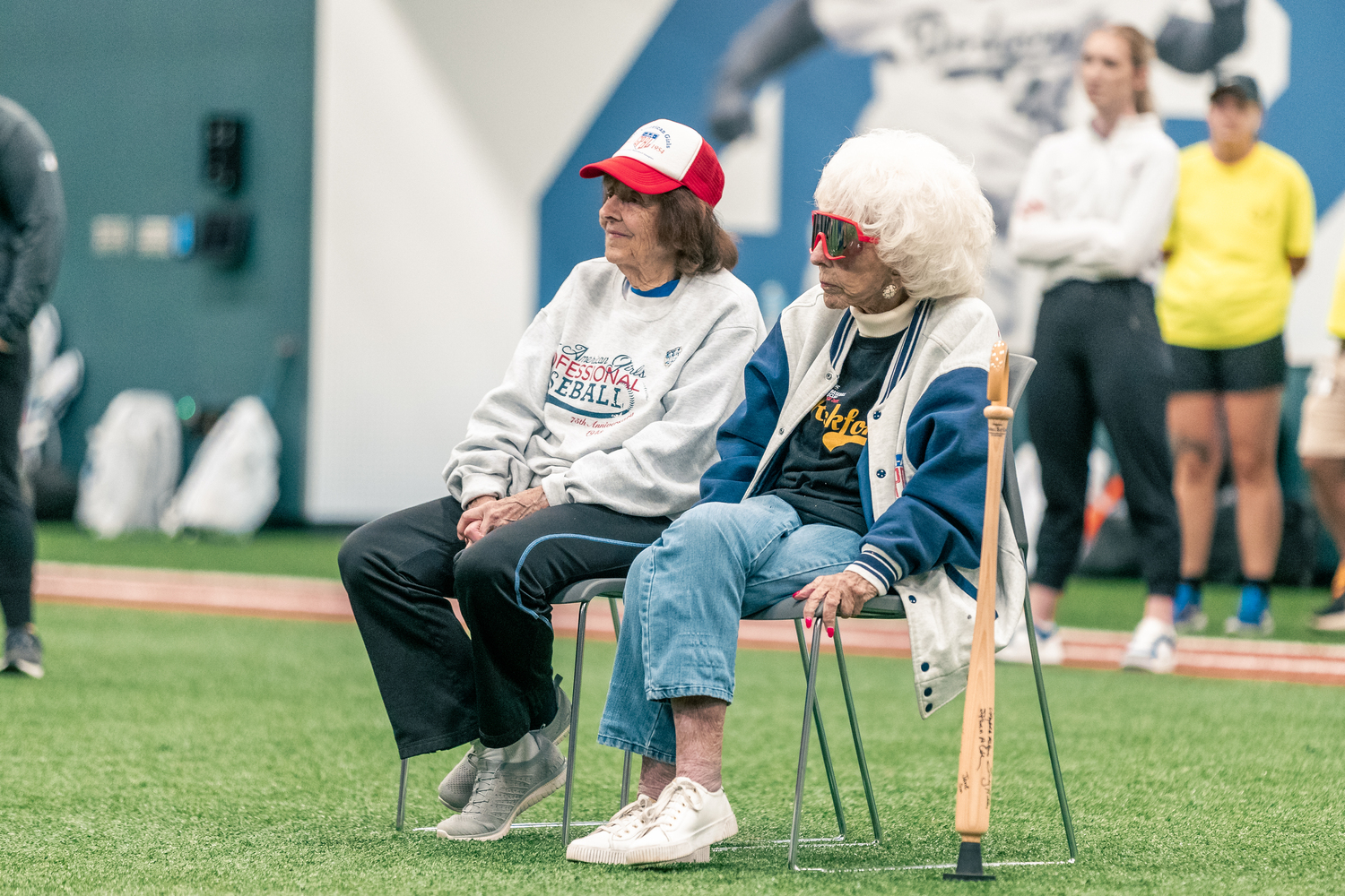 Jeneane Descombes Lesko, a former left-handed pitcher who played in the All-American Girls Professional Baseball League, and Maybelle Blair, a right-hander for the Peoria Redwings, at the 2025 Breakthrough Series. JARED BLAIS/MLB PHOTOS VIA GETTY IMAGES