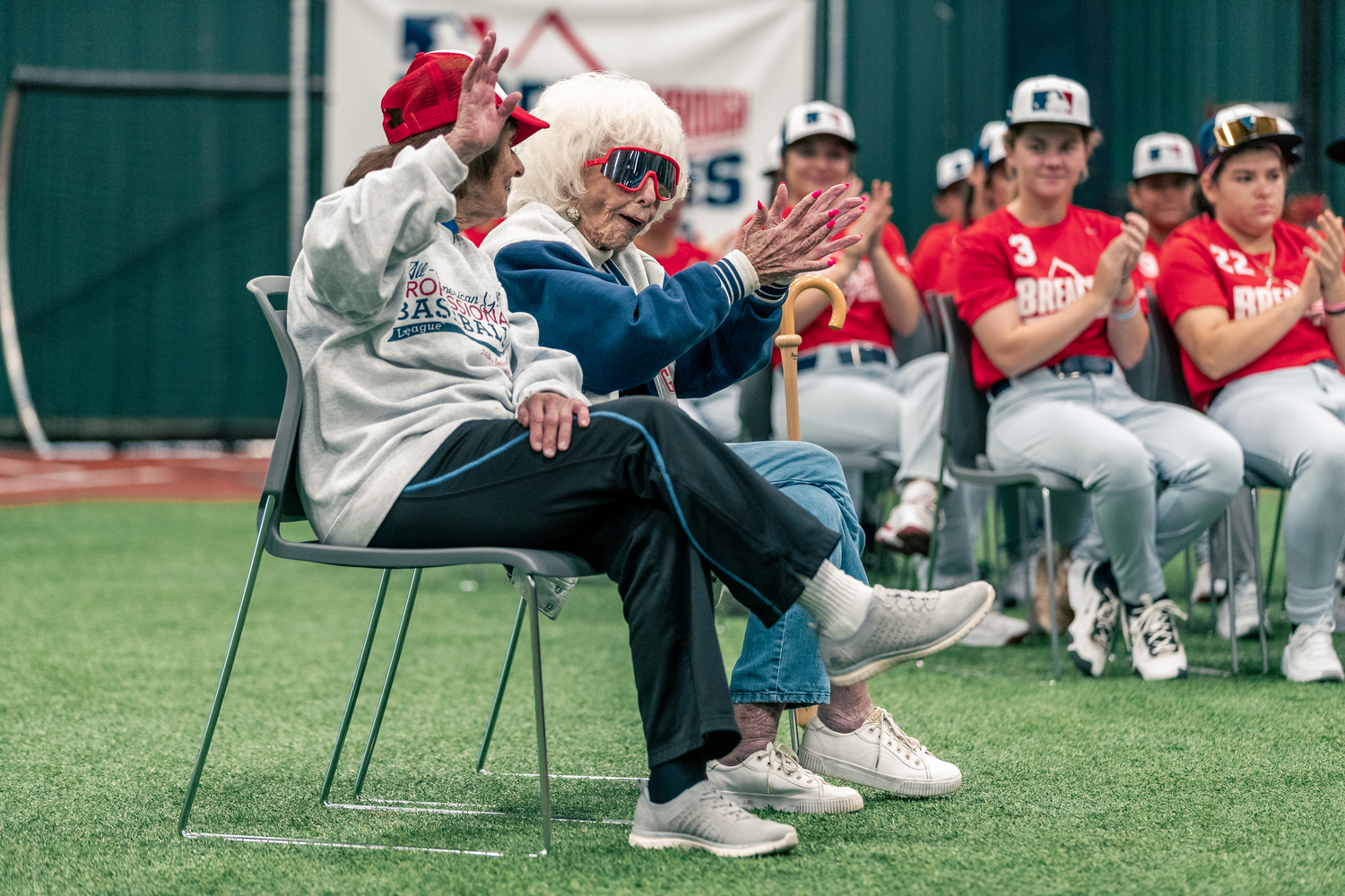 Jeneane Descombes Lesko, a former left-handed pitcher who played in the All-American Girls Professional Baseball League, and Maybelle Blair, a right-hander for the Peoria Redwings, at the 2025 Breakthrough Series. JARED BLAIS/MLB PHOTOS VIA GETTY IMAGES