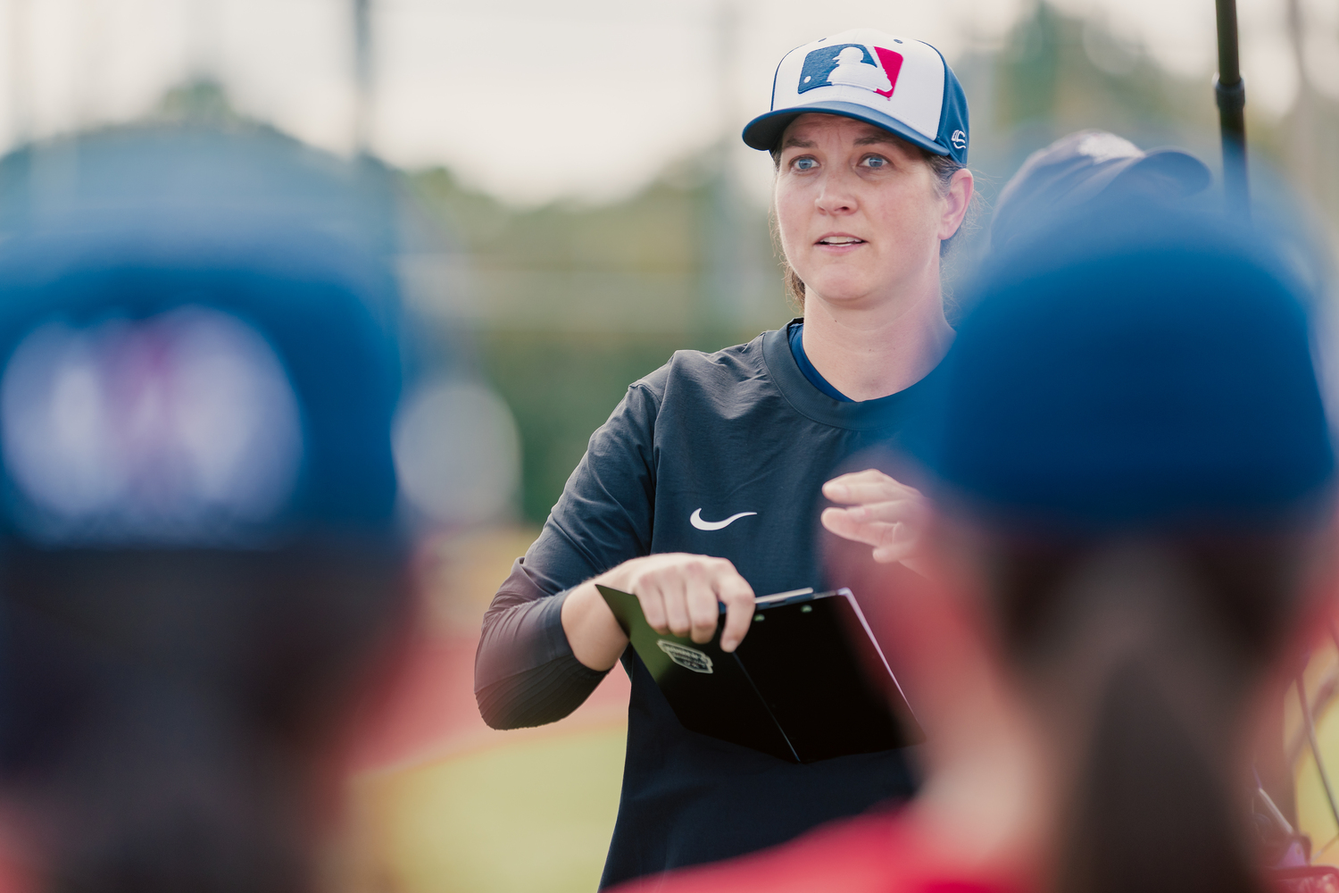 Meggie Meidlinger, a USA Baseball Women’s National Team member and recent Women’s Professional Baseball League draftee, coaches players during the 2025 MLB Breakthrough Series. JARED BLAIS/MLB PHOTOS VIA GETTY IMAGES