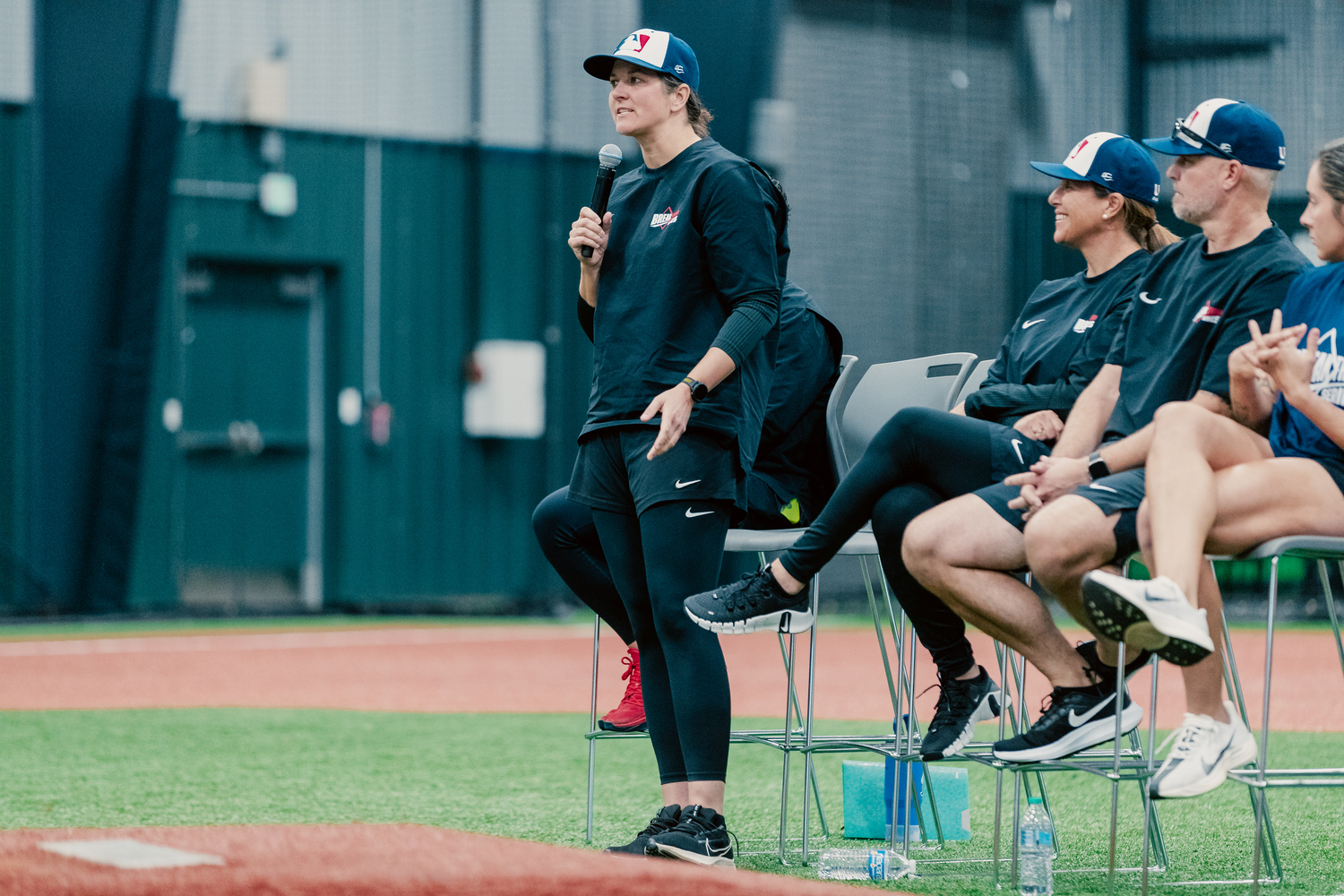 Meggie Meidlinger, a USA Baseball Women’s National Team member and recent Women’s Professional Baseball League draftee, speaks to players during the 2025 MLB Breakthrough Series. JARED BLAIS/MLB PHOTOS VIA GETTY IMAGES