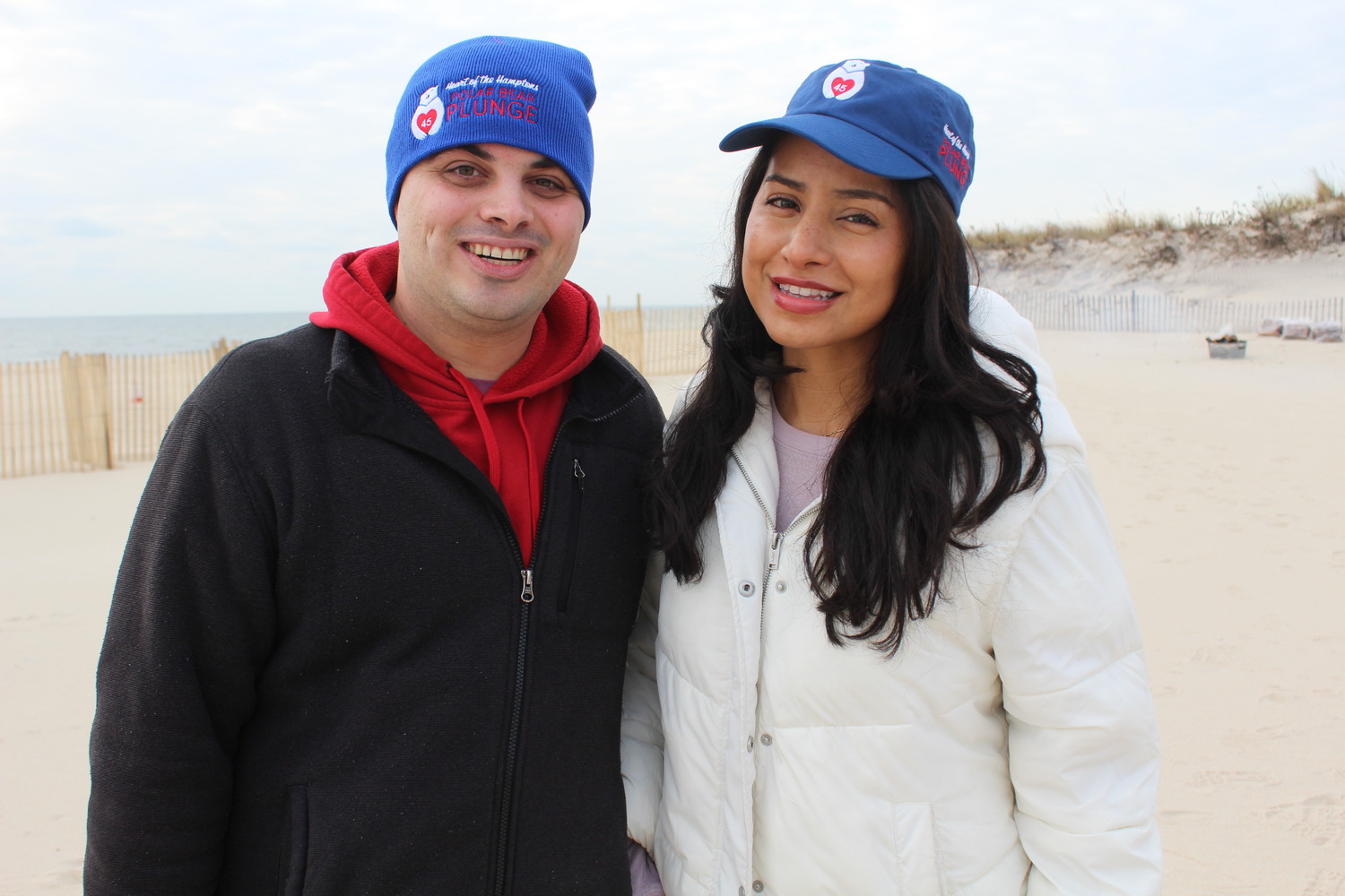 Nick Auletti and Esme Cabrera at the 2025 Polar Bear Plunge at Coopers Beach in Southampton on Saturday.  LEE MEYER