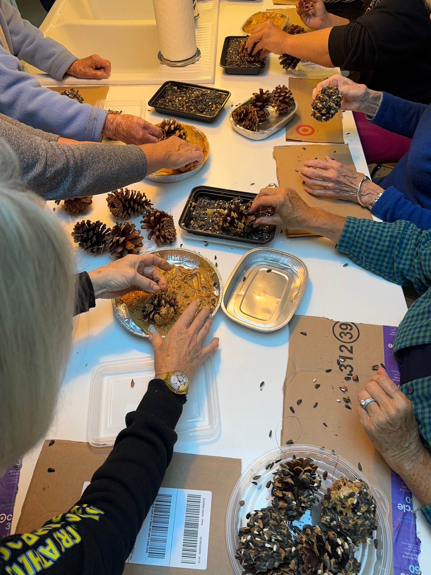 Add peanut butter and seeds to pinecones to feed overwintering birds.