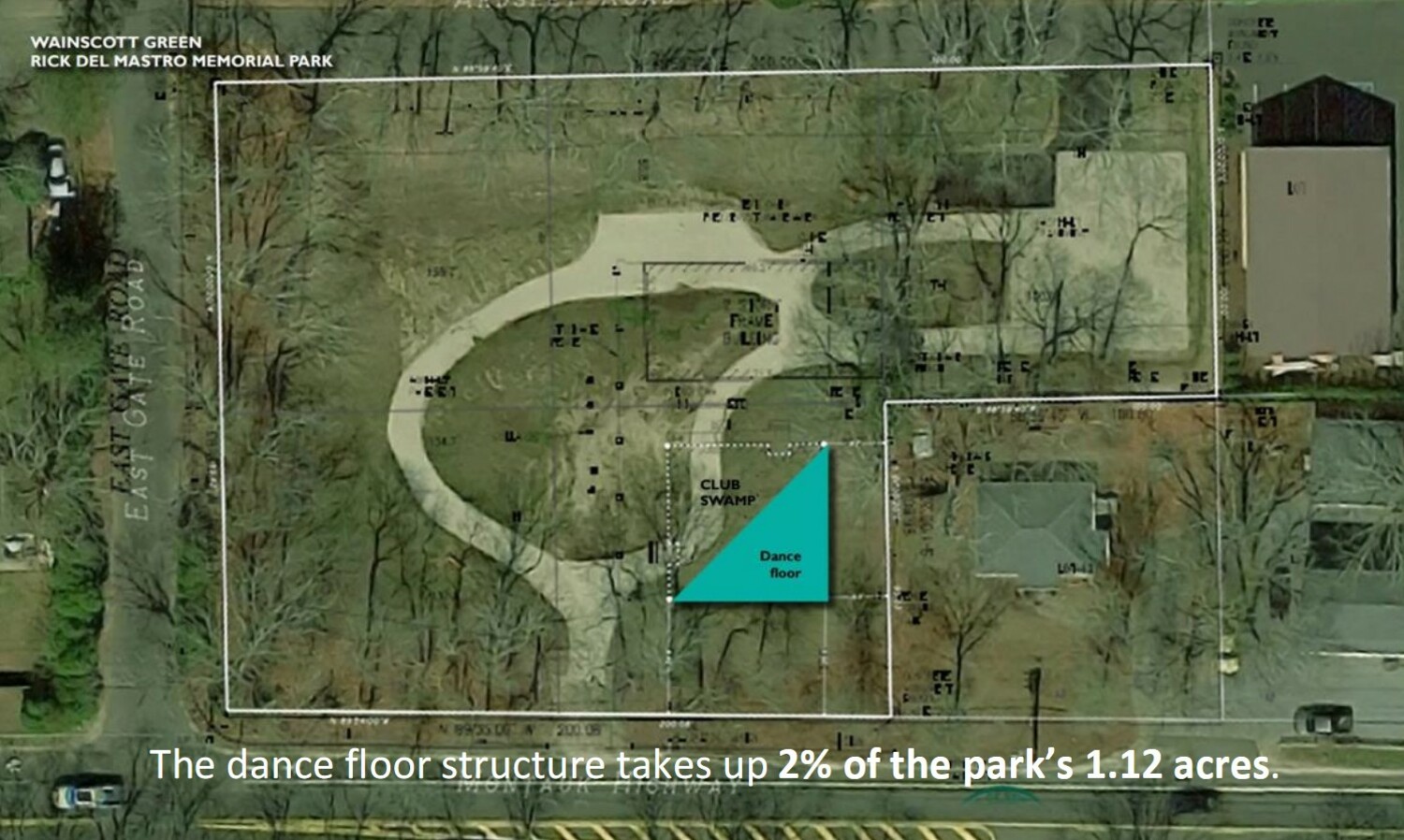 The dance floor would be situated along a walkway, taking up two percent of the area of the Wainscott Green. COURTESY HAMPTONS PRIDE