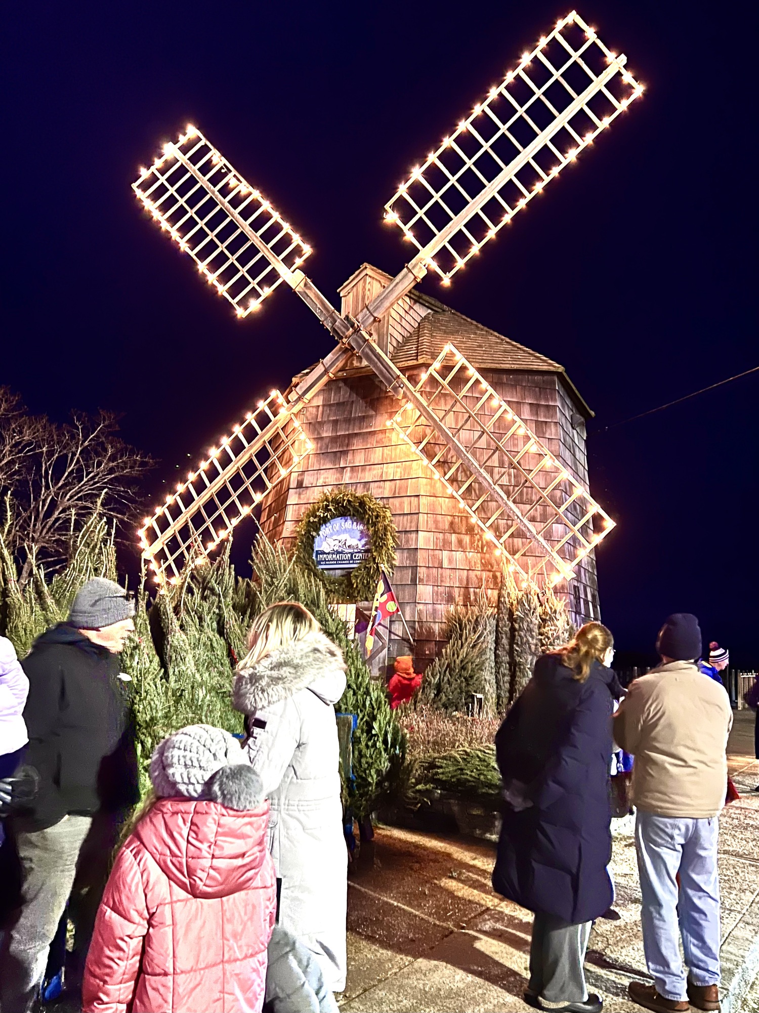 The Sag Harbor windmill is lit for the holidays. LEE MEYER