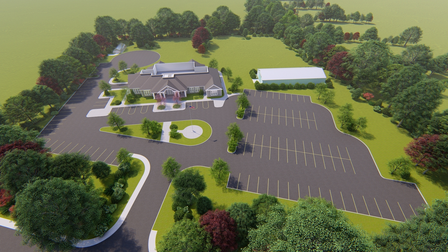 A rendering of the future community center property. The town says it will tackle what the outdoor spaces at the facility will be used for once the construction is underway. BBS ARCHITECTURE